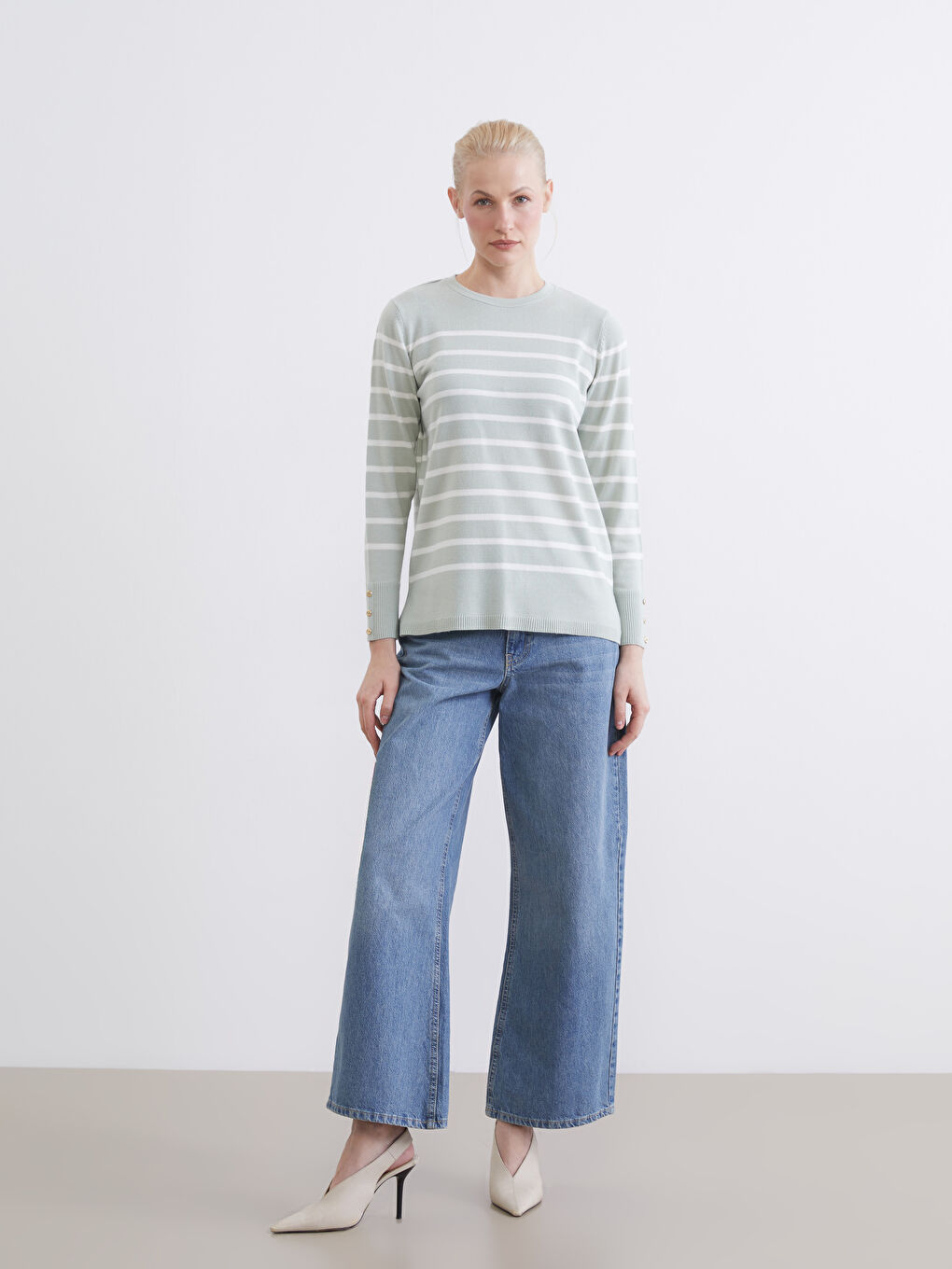 Yeşil Bisiklet Yaka Çizgili Kadın Triko Kazak-1