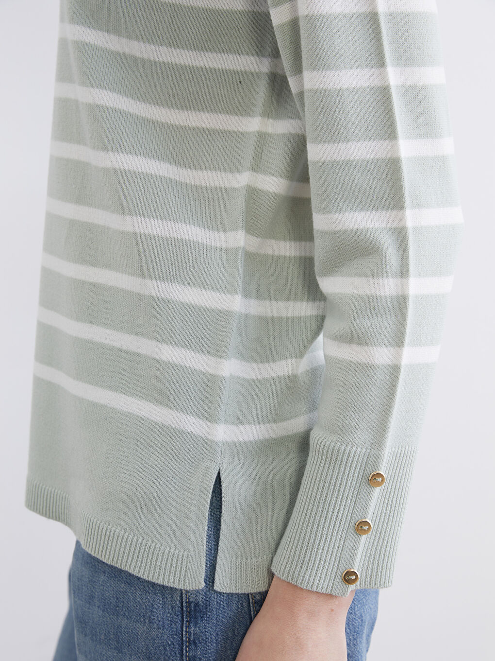 Yeşil Bisiklet Yaka Çizgili Kadın Triko Kazak-2