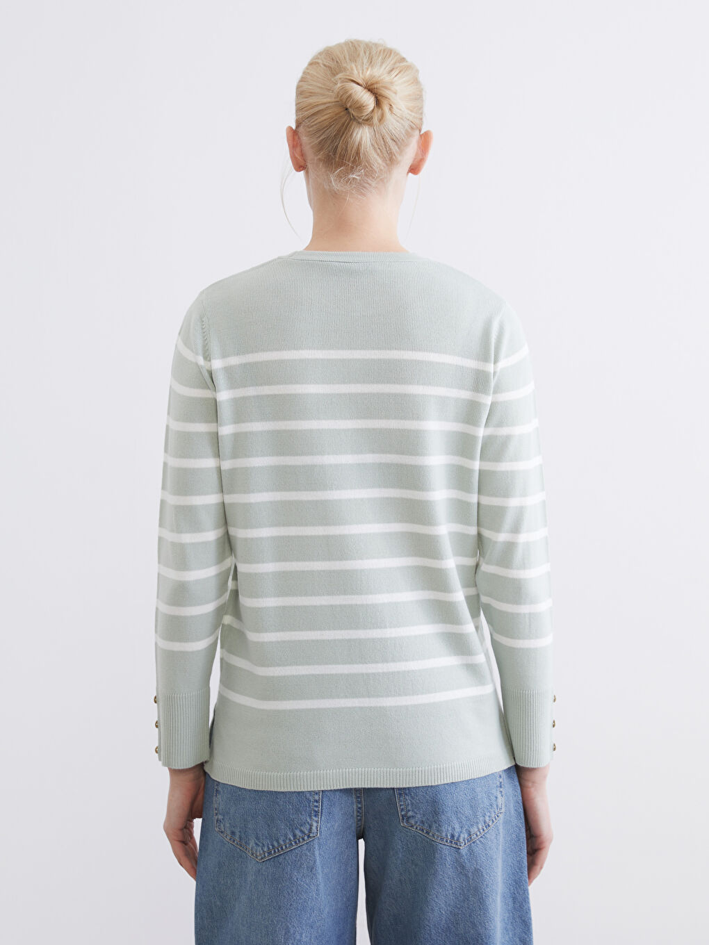 Yeşil Bisiklet Yaka Çizgili Kadın Triko Kazak-3