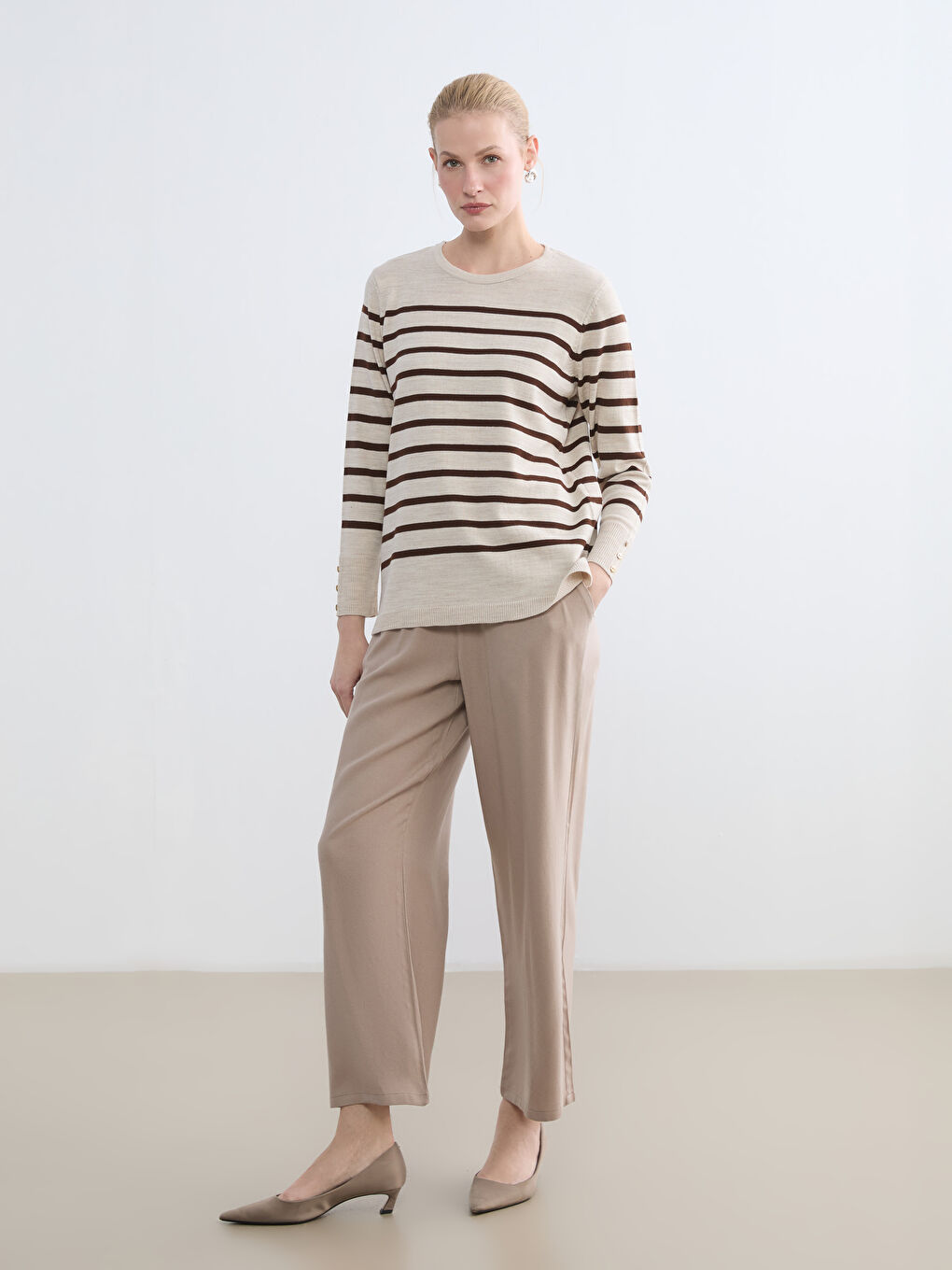 Kahverengi Bisiklet Yaka Çizgili Kadın Triko Kazak-1