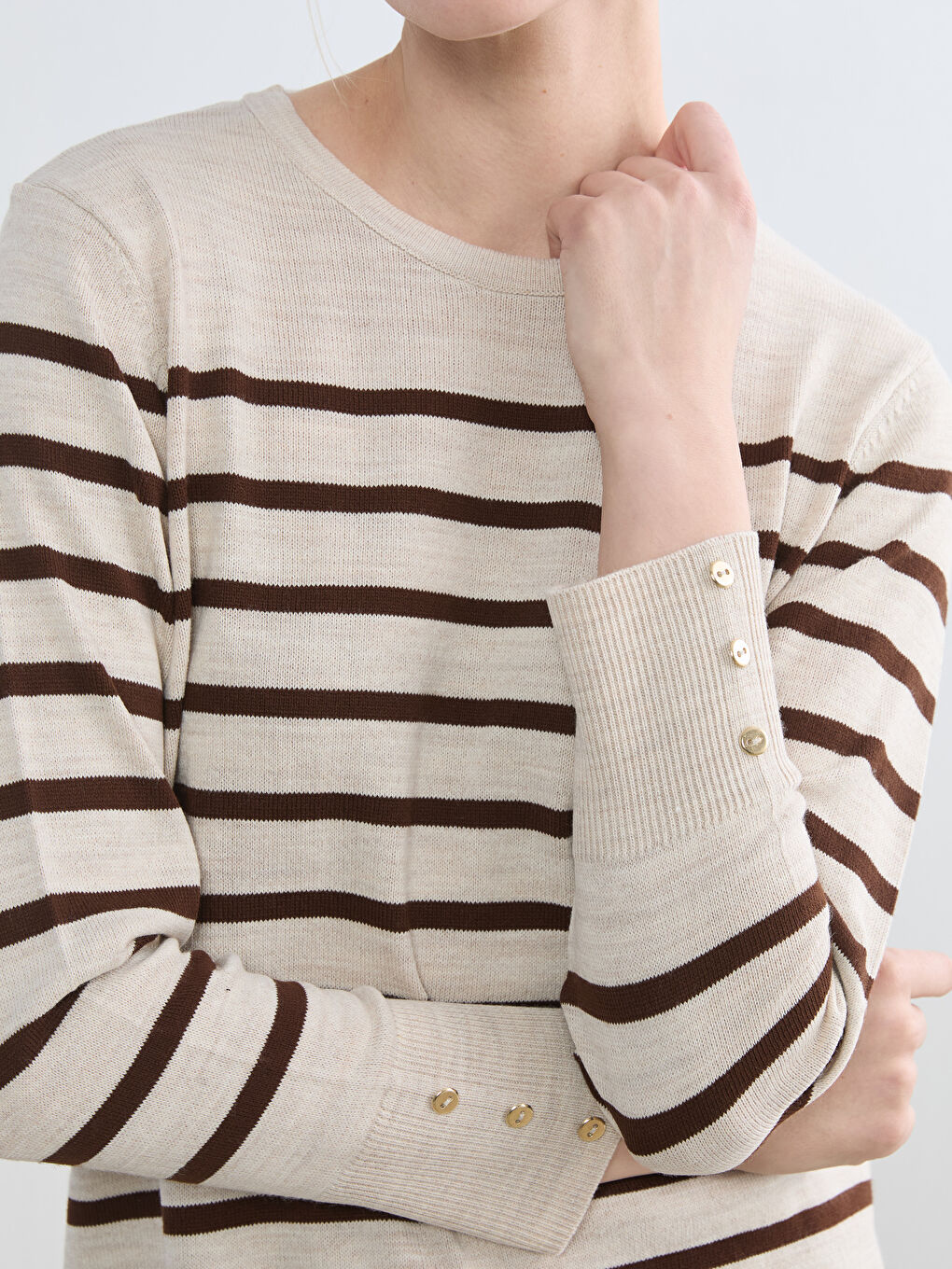 Kahverengi Bisiklet Yaka Çizgili Kadın Triko Kazak-2
