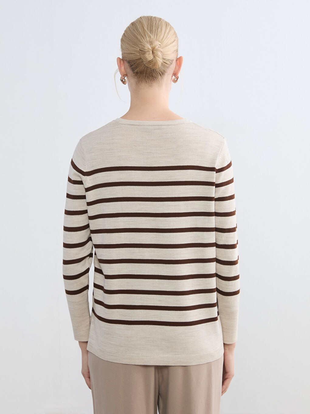 Kahverengi Bisiklet Yaka Çizgili Kadın Triko Kazak-3