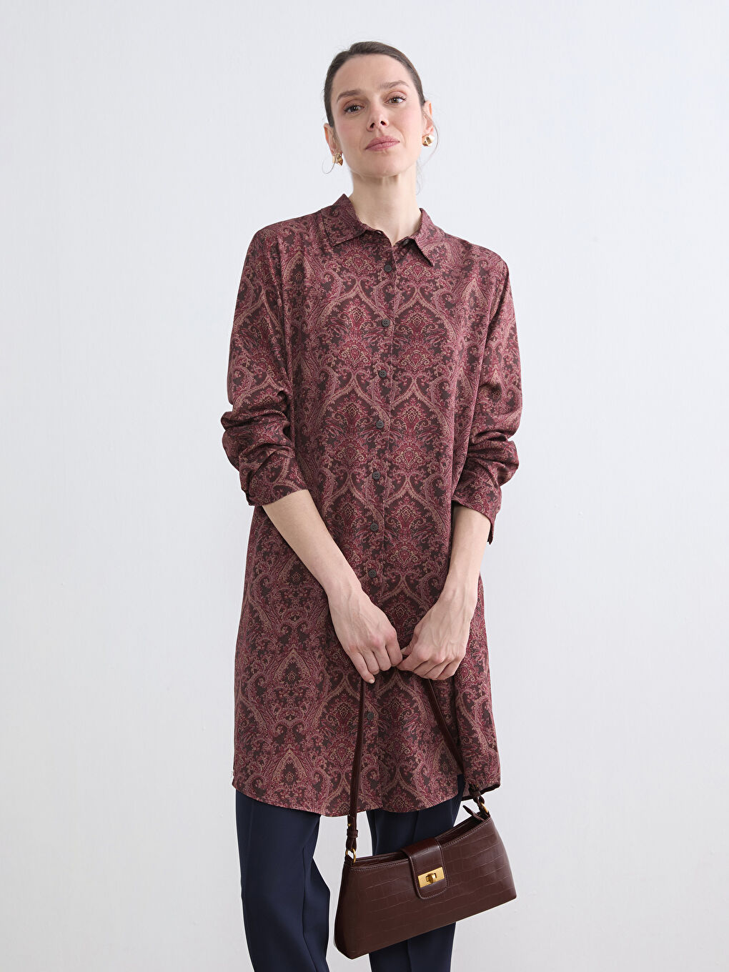 Bordo Desenli Kadın Gömlek Tunik
