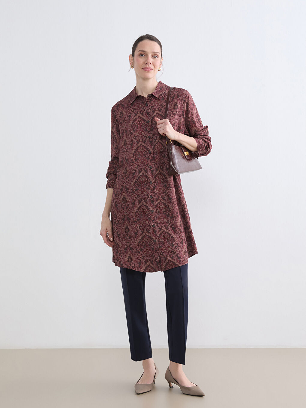 Bordo Desenli Kadın Gömlek Tunik-1