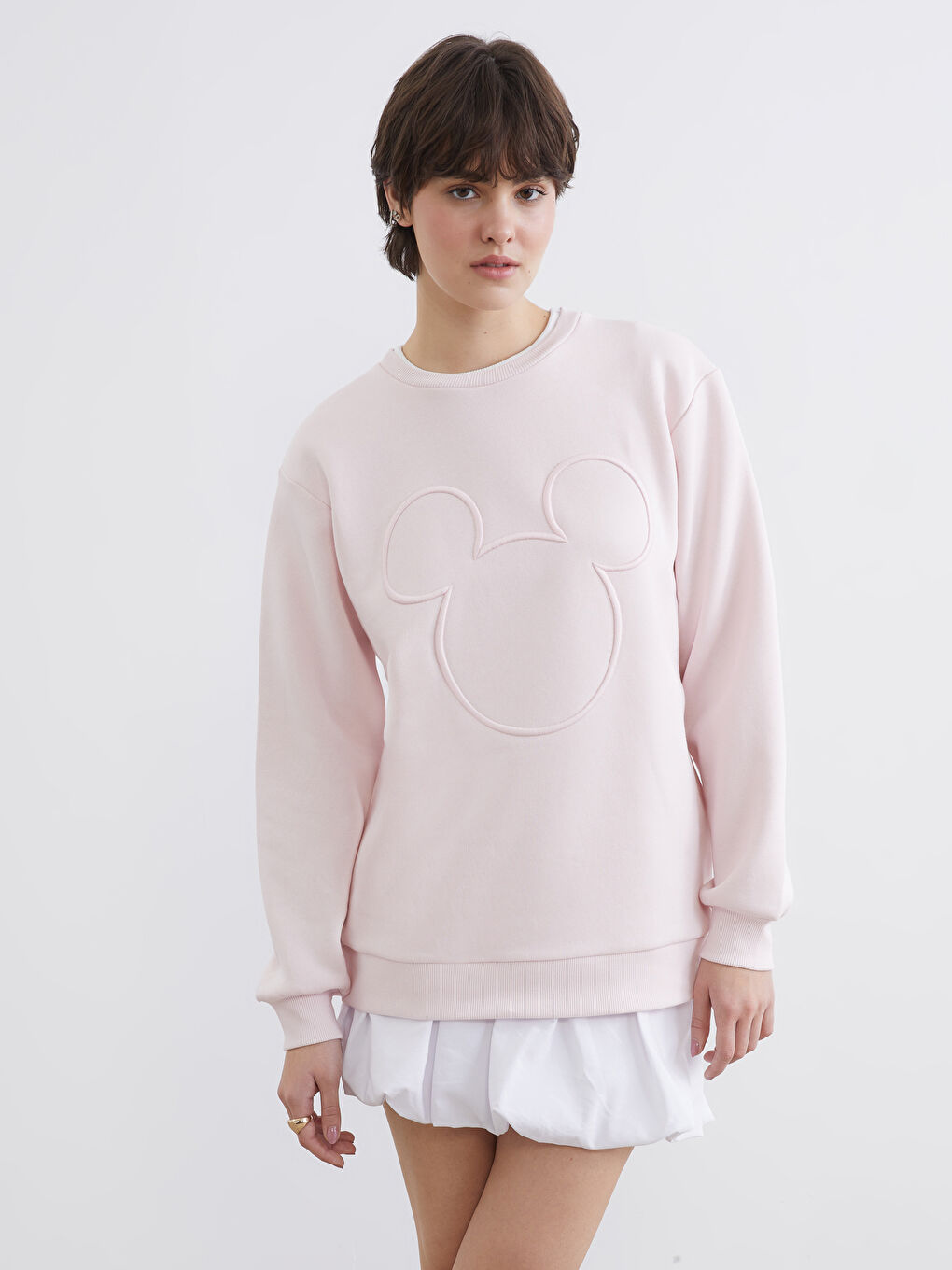 Pembe Mickey Mouse Baskılı Oversize Kadın Kalın Sweatshirt