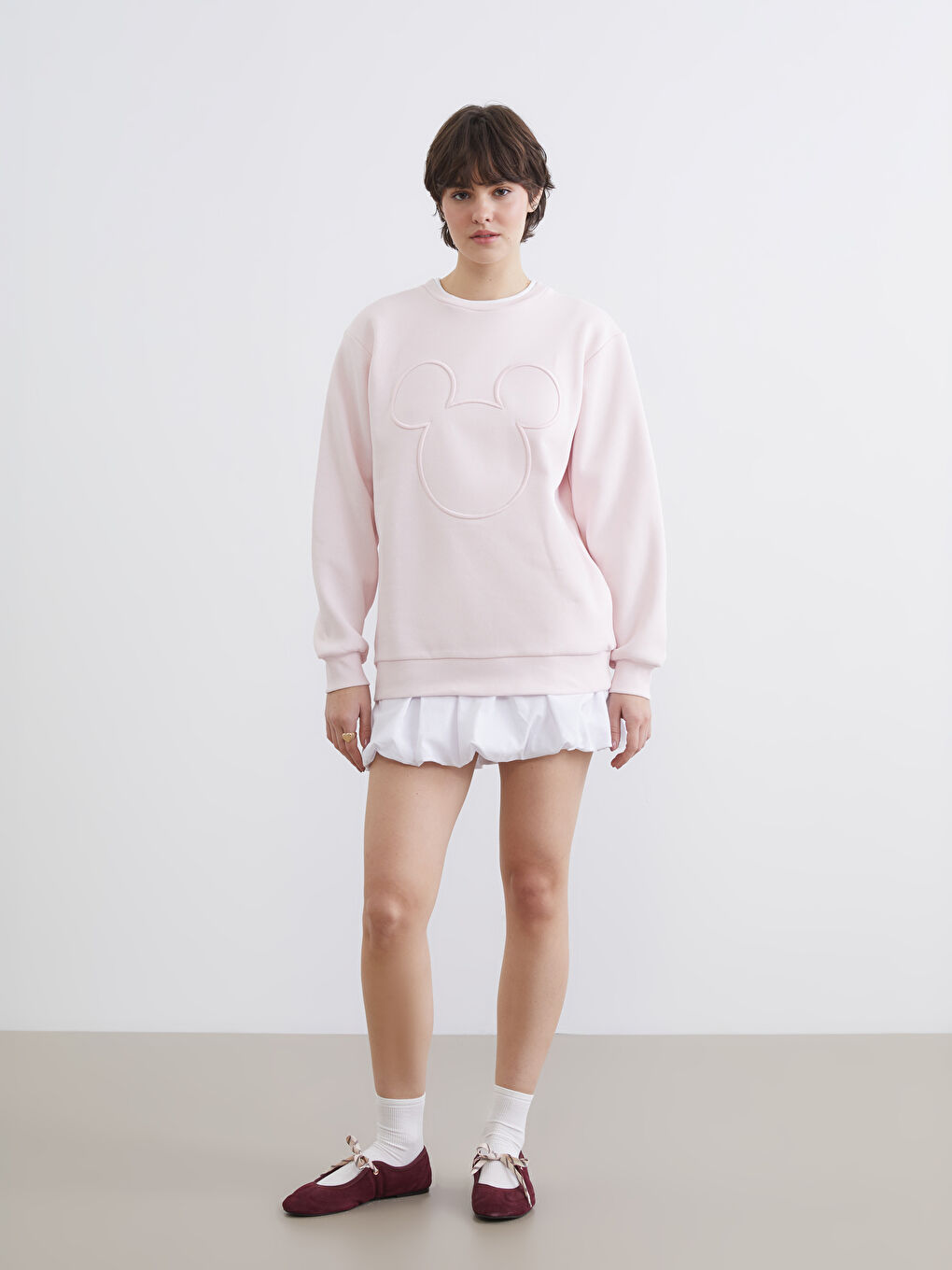 Pembe Mickey Mouse Baskılı Oversize Kadın Kalın Sweatshirt-1