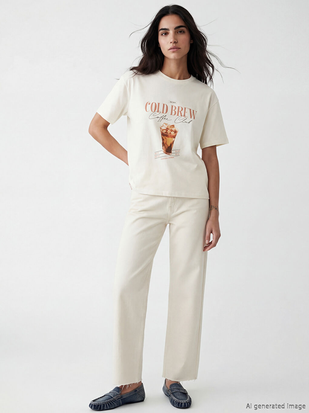 Тениска с обло деколте, принт, овърсайз, за жени-1