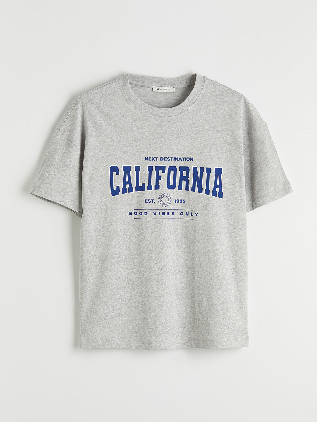 Gri Bisiklet Yaka California Baskılı Kadın Tişört-3