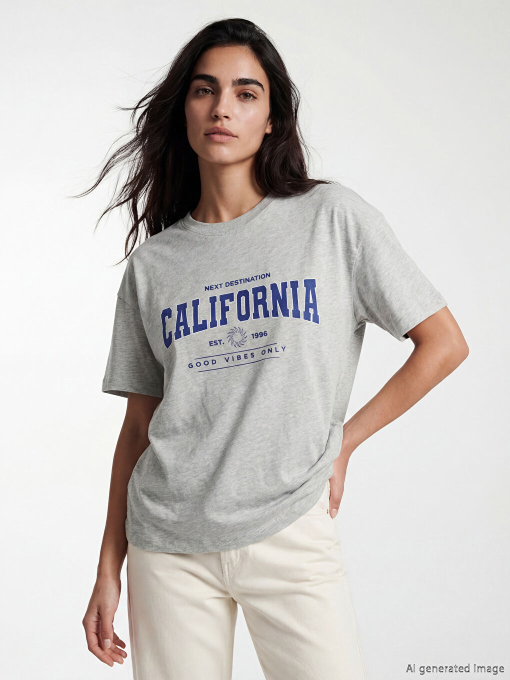 Gri Bisiklet Yaka California Baskılı Kadın Tişört