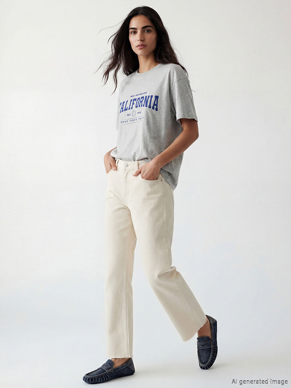 Gri Bisiklet Yaka California Baskılı Kadın Tişört-1