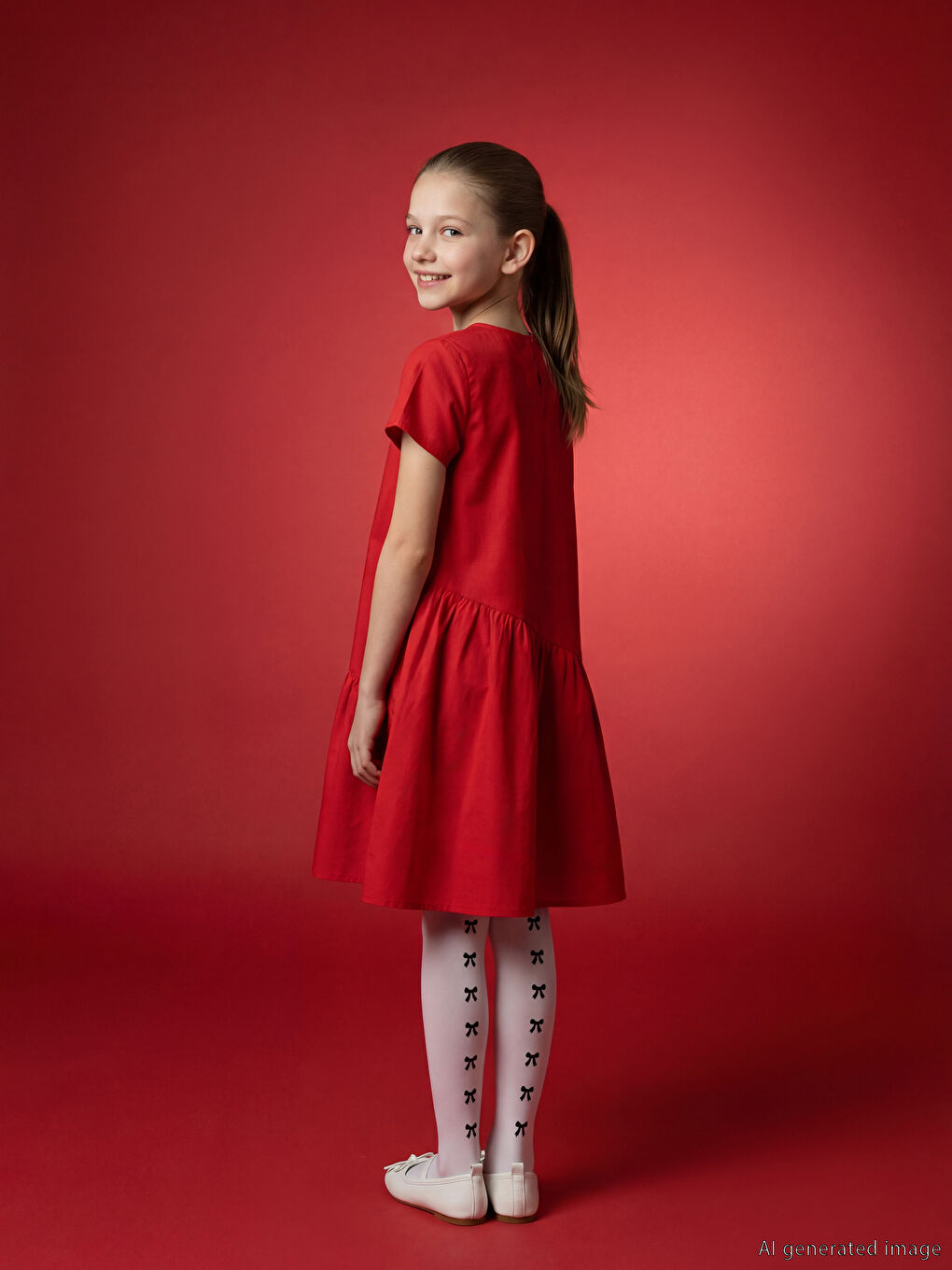 Kırmızı Bisiklet Yaka Fiyonk Detaylı Kız Çocuk Elbise-1