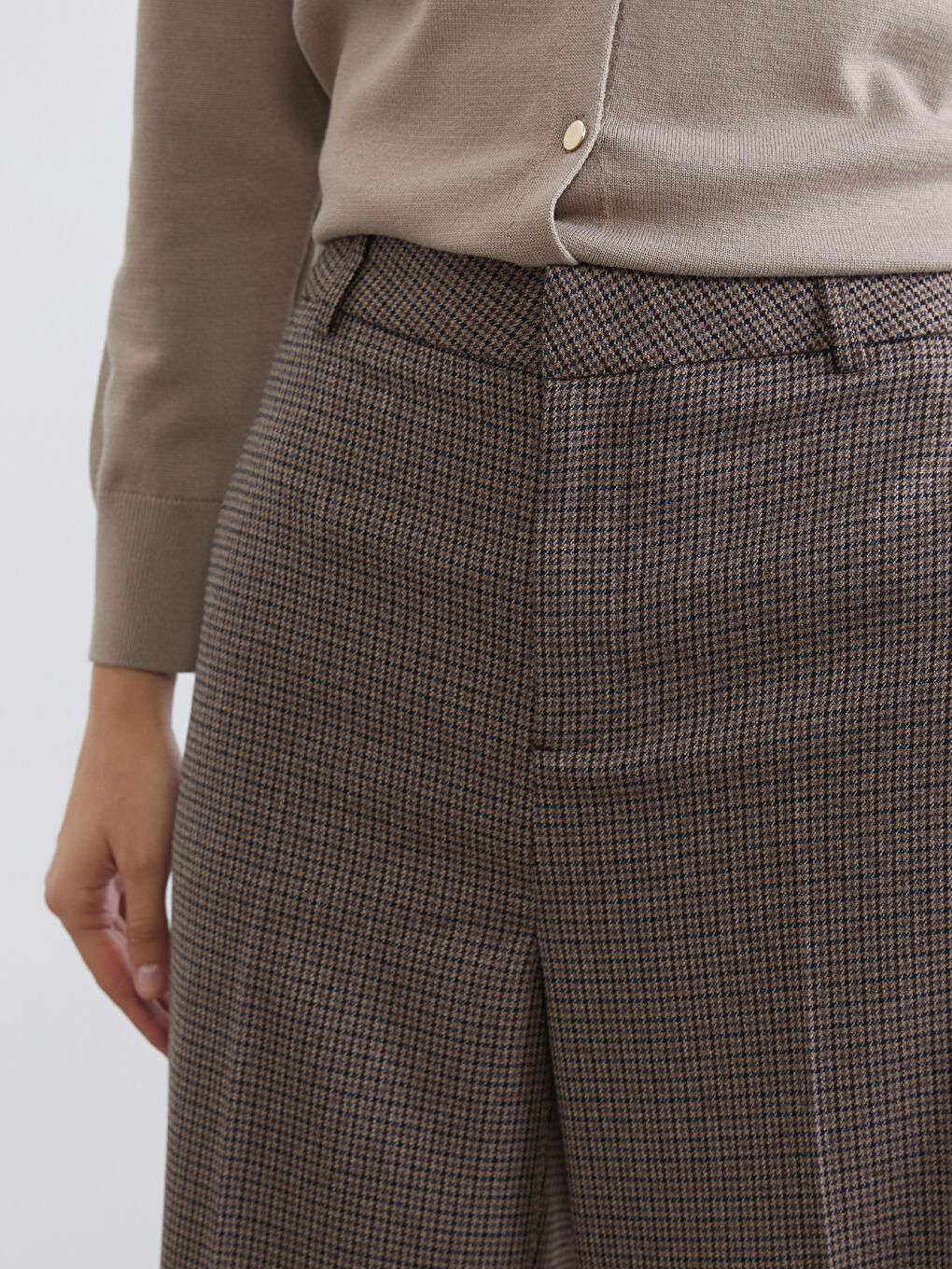 Kahverengi Standart Fit Ekose Kadın Pantolon-2