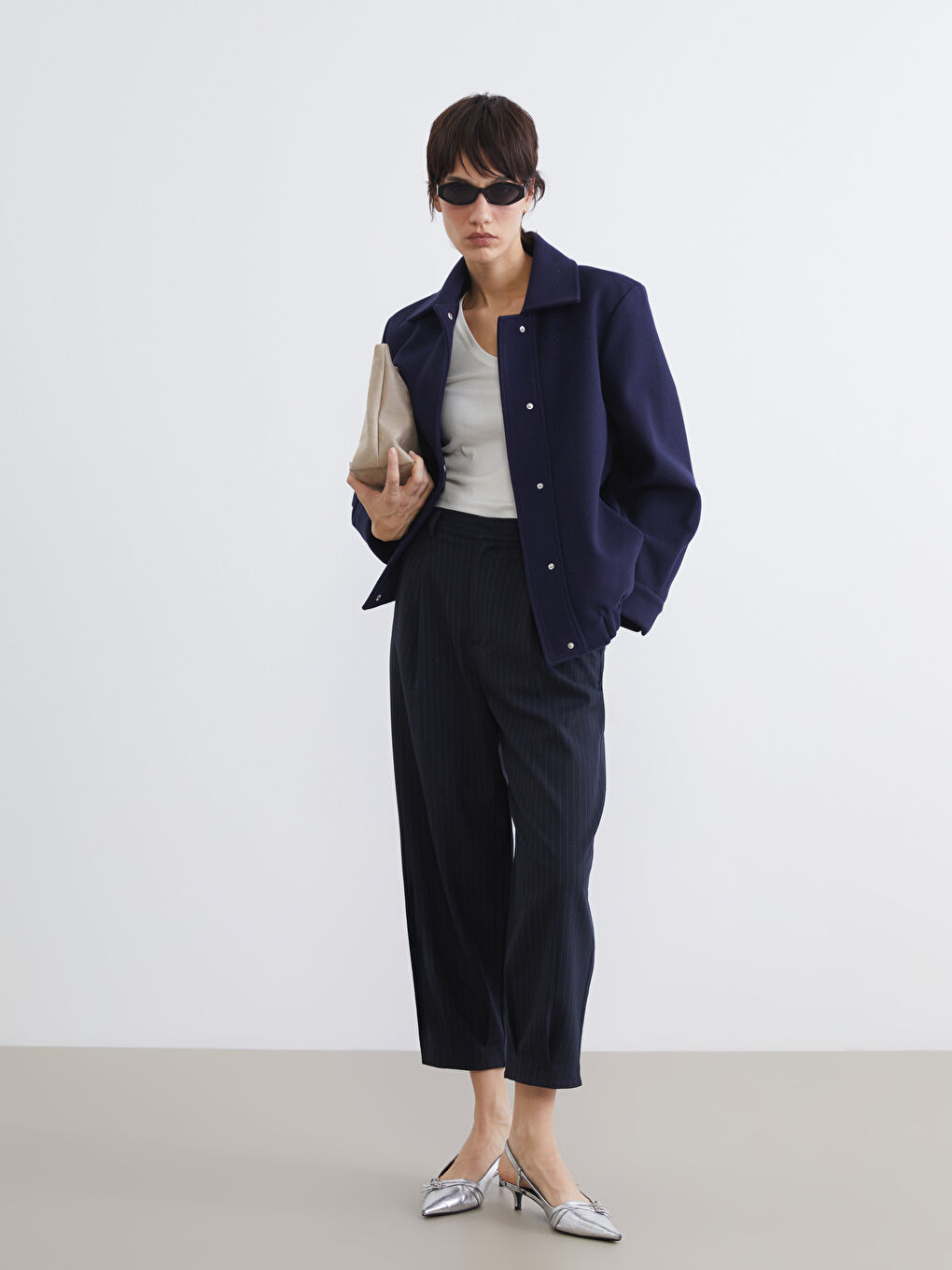 Lacivert Gömlek Yaka Kadın Kaşe Ceket-1