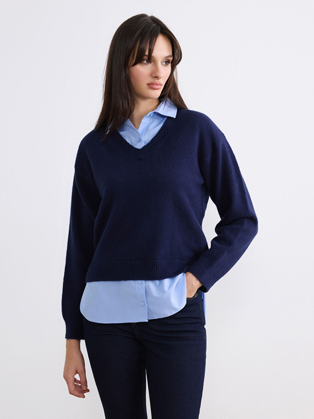 Lacivert Gömlek  Yaka Kadın Triko Kazak