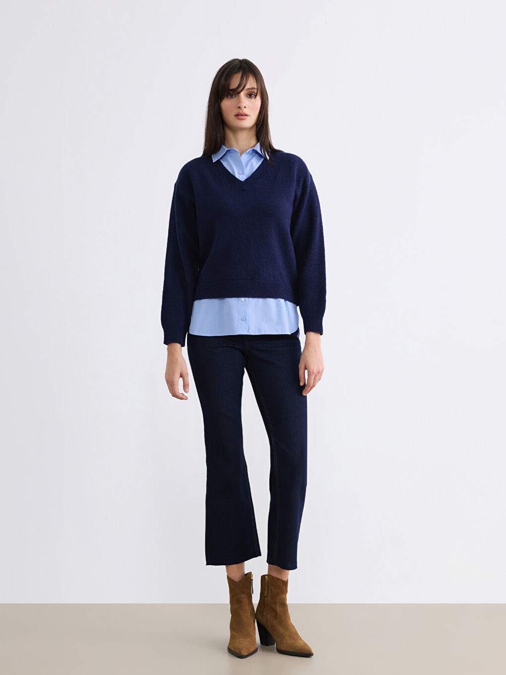 Lacivert Gömlek  Yaka Kadın Triko Kazak-1