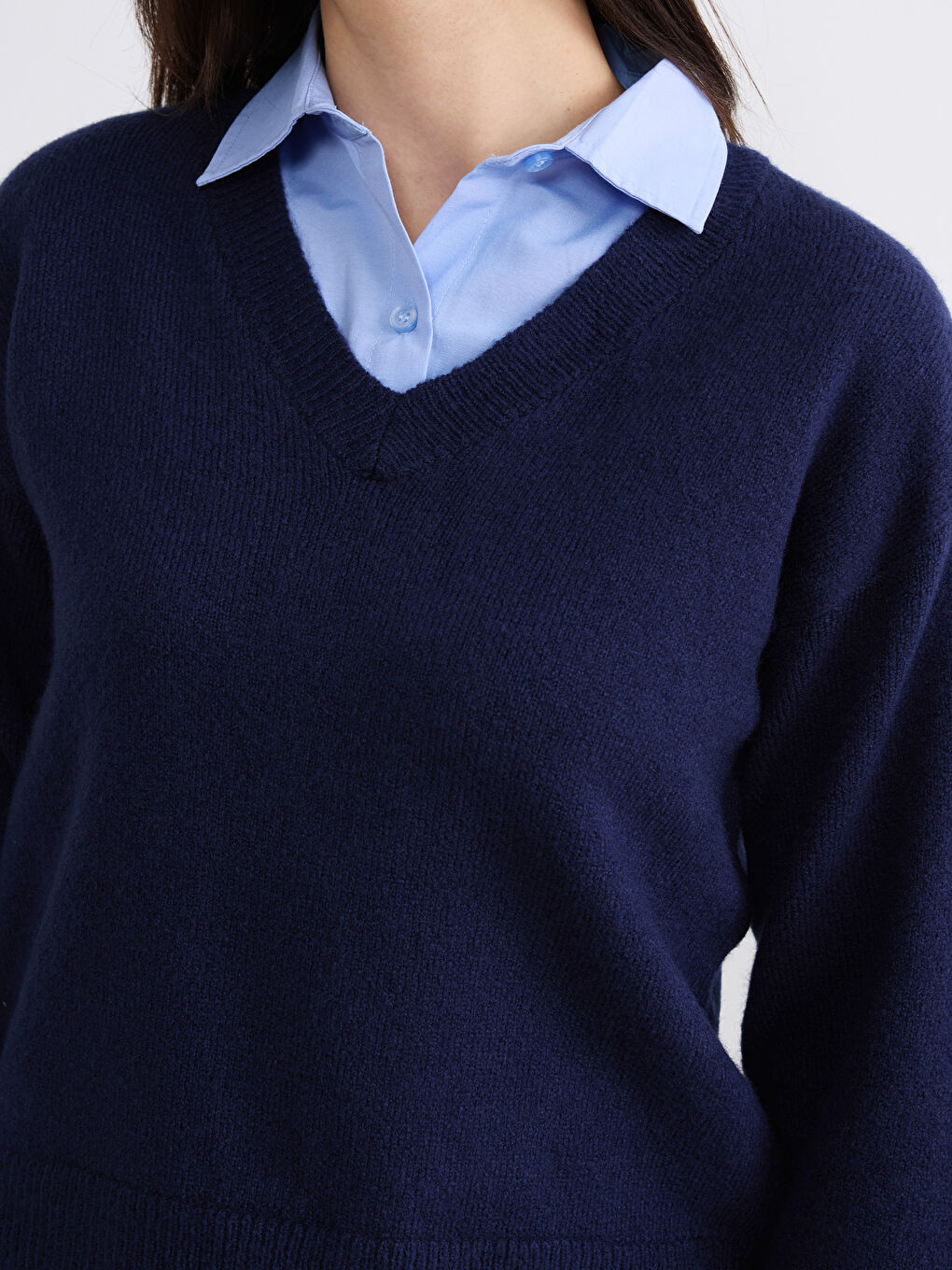 Lacivert Gömlek  Yaka Kadın Triko Kazak-2