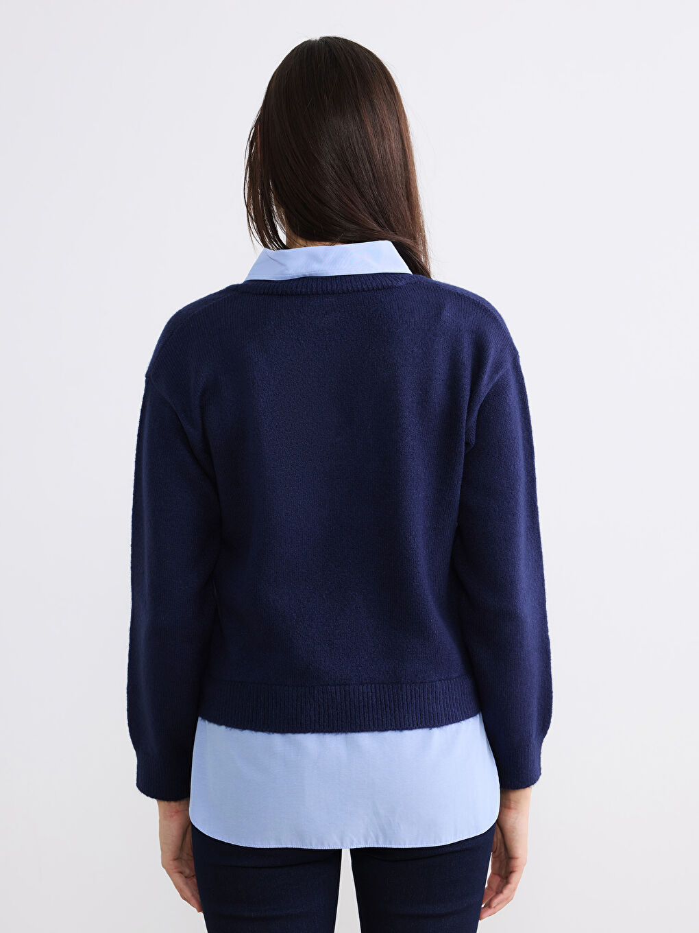 Lacivert Gömlek  Yaka Kadın Triko Kazak-3