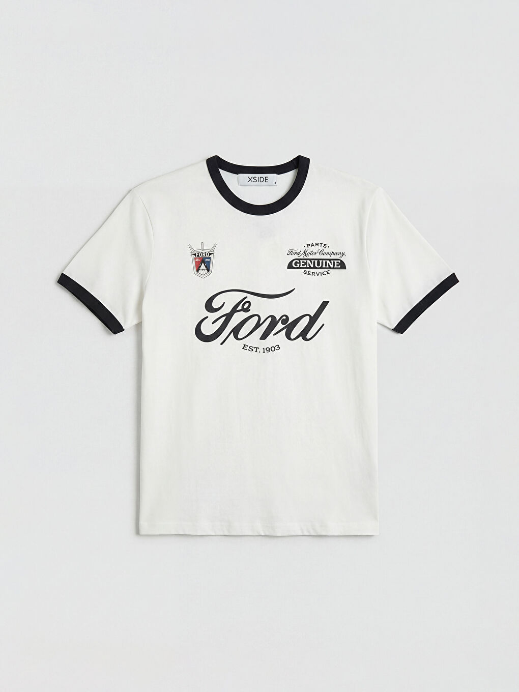 Ekru Bisiklet Yaka Ford Baskılı Erkek Tişört-4