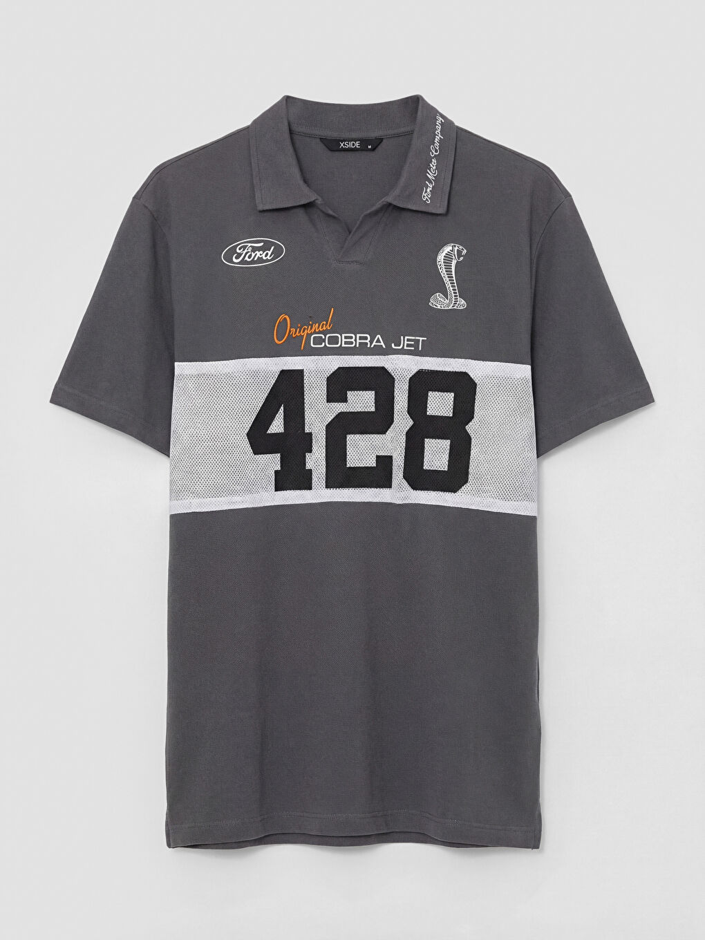 Gri Oversize Polo Yaka Ford Baskılı Erkek Tişört-3