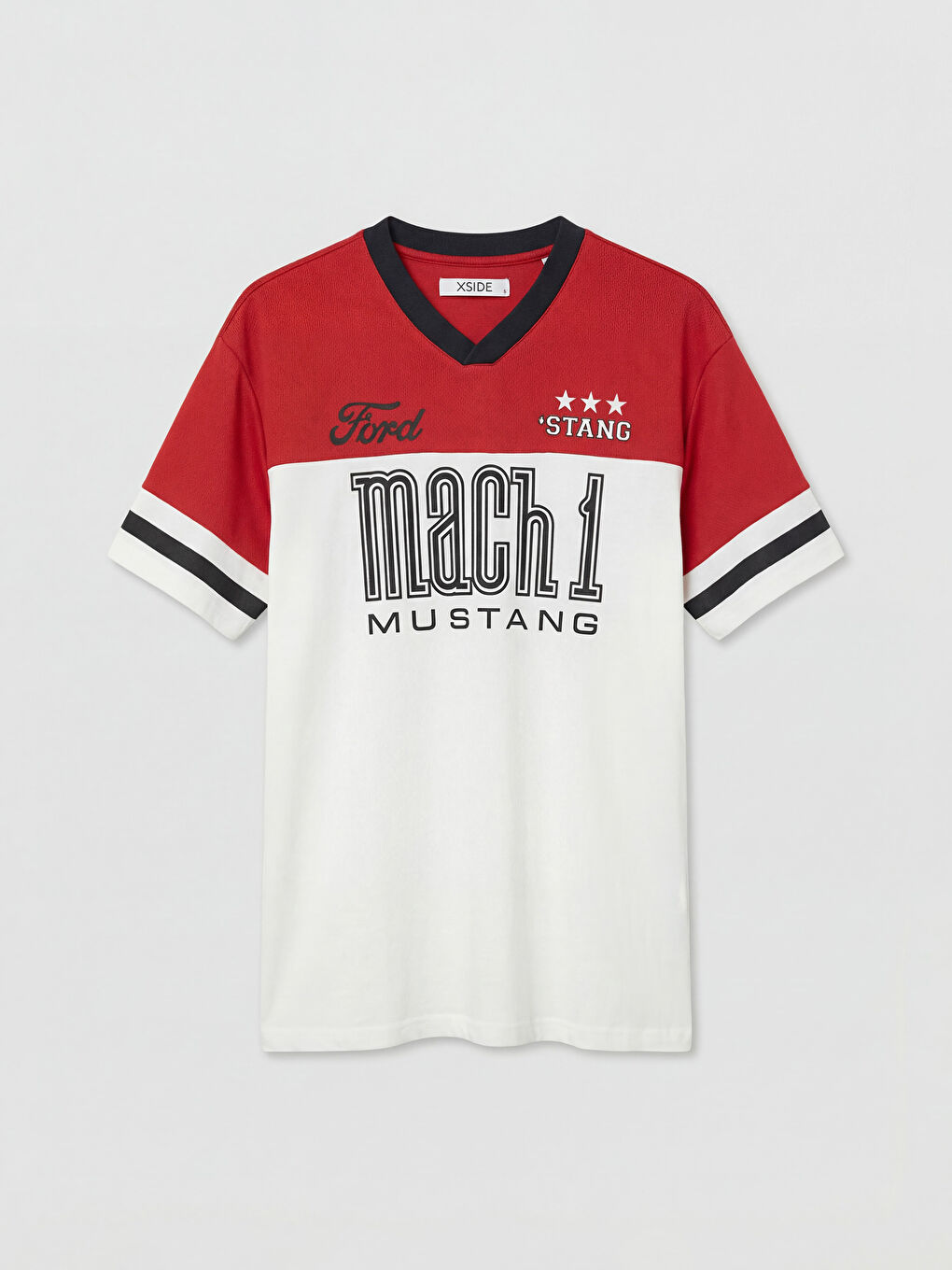 Ekru  V Yaka Ford Baskılı Erkek Tişört