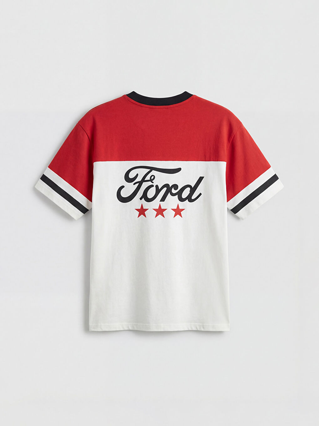 Ekru  V Yaka Ford Baskılı Erkek Tişört-1