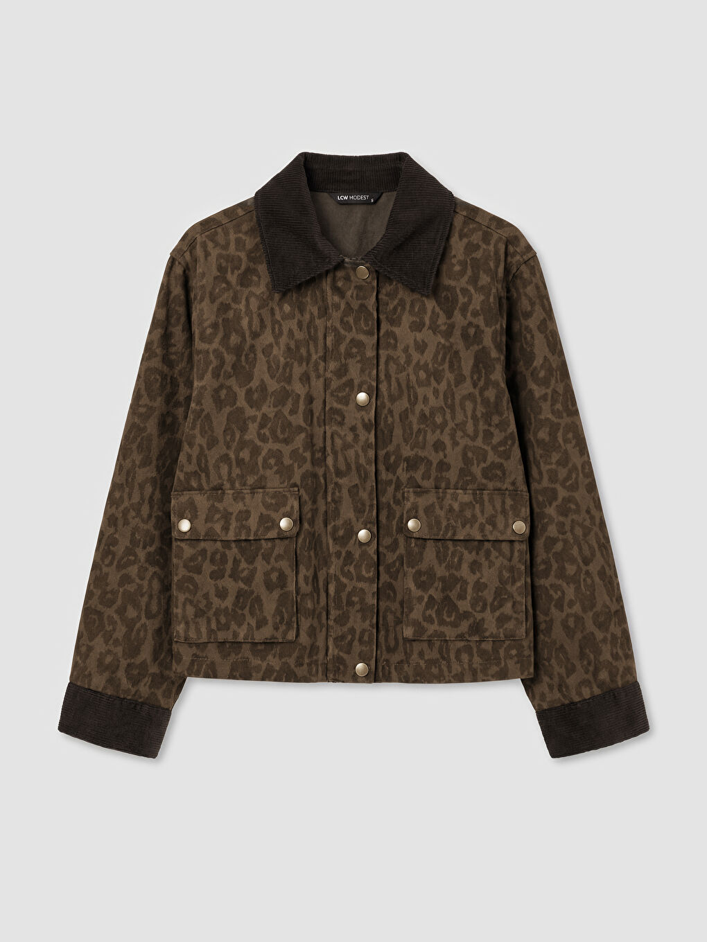 Kahverengi Kadife Yaka Leopar Desenli Oversize Kadın Jean Ceket