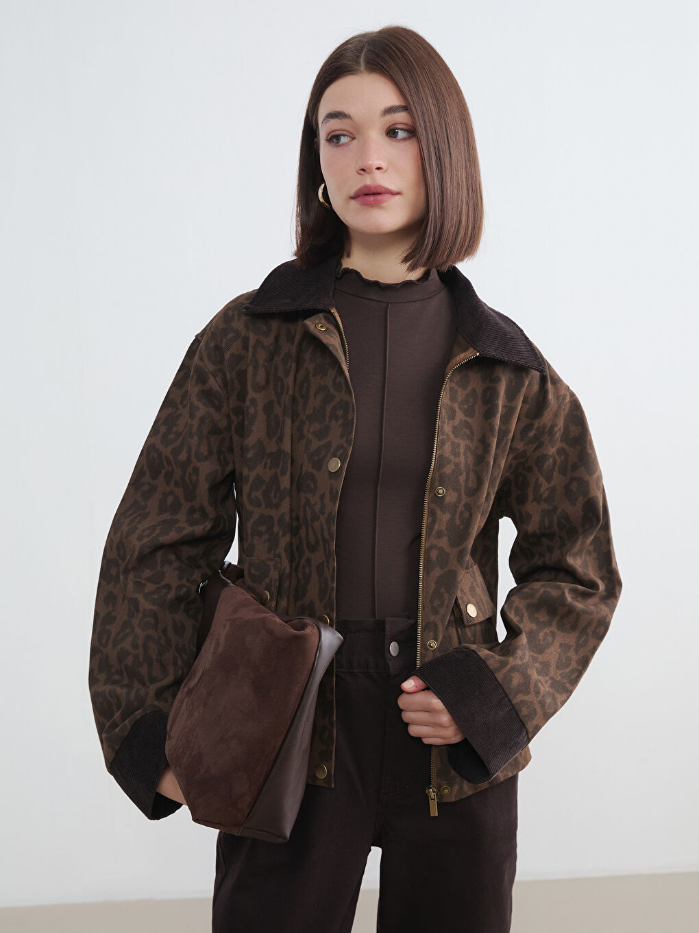 Kahverengi Kadife Yaka Leopar Desenli Oversize Kadın Jean Ceket