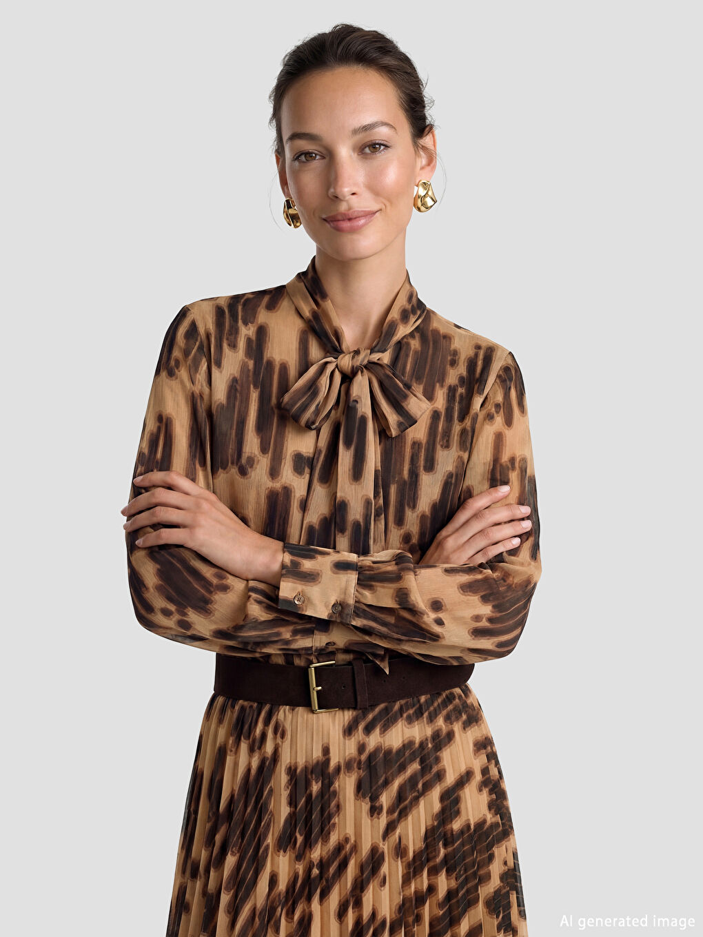 Patterned Chiffon Blouse with a Tie-Neck Collar