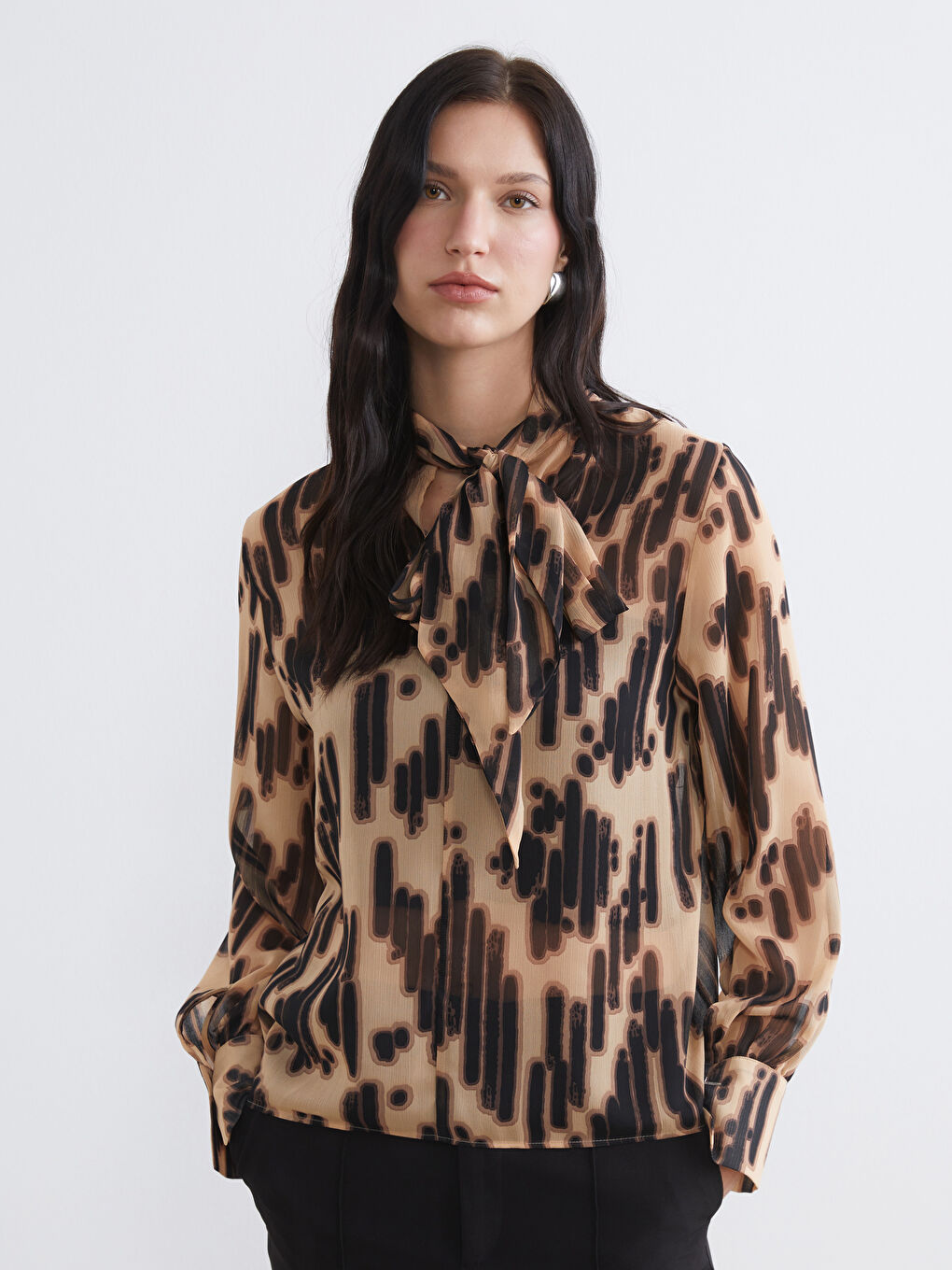 Patterned Chiffon Blouse with a Tie-Neck Collar-1