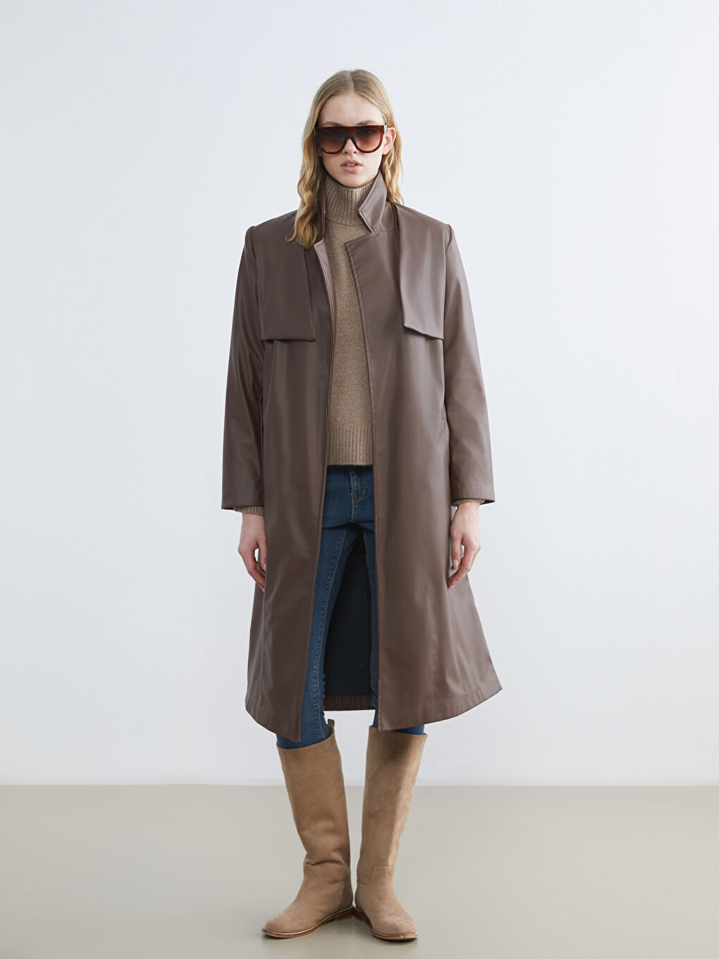 Jacket Neck Women's Faux Leather Trenchcoat	
-1