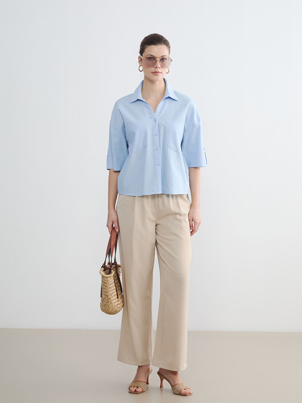 Mavi Poplin Kadın Gömlek-1