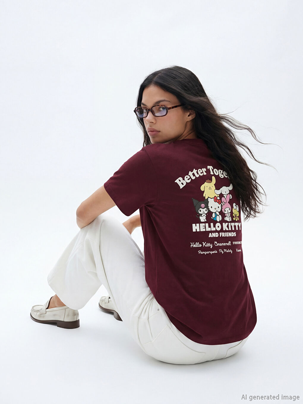 Bordo Bisiklet Yaka Hello Kitty Baskılı Kadın Tişört