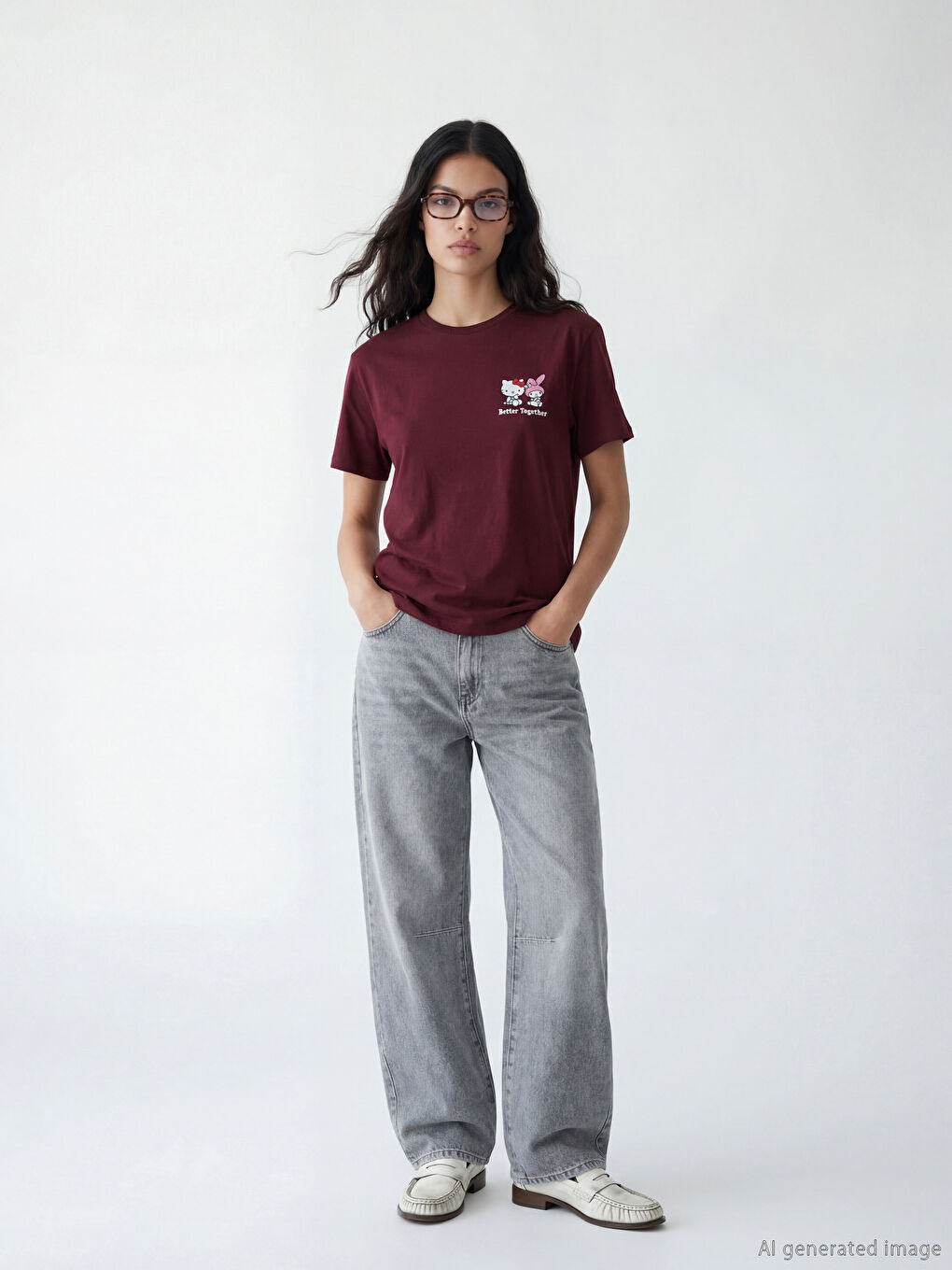 Bordo Bisiklet Yaka Hello Kitty Baskılı Kadın Tişört-1