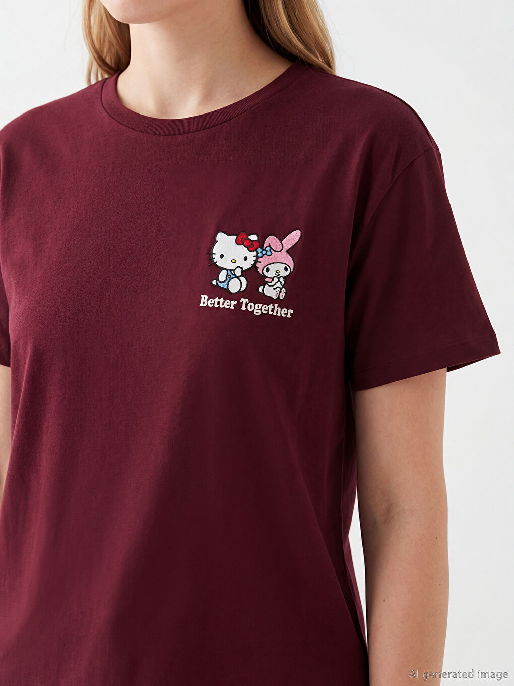 Bordo Bisiklet Yaka Hello Kitty Baskılı Kadın Tişört-2