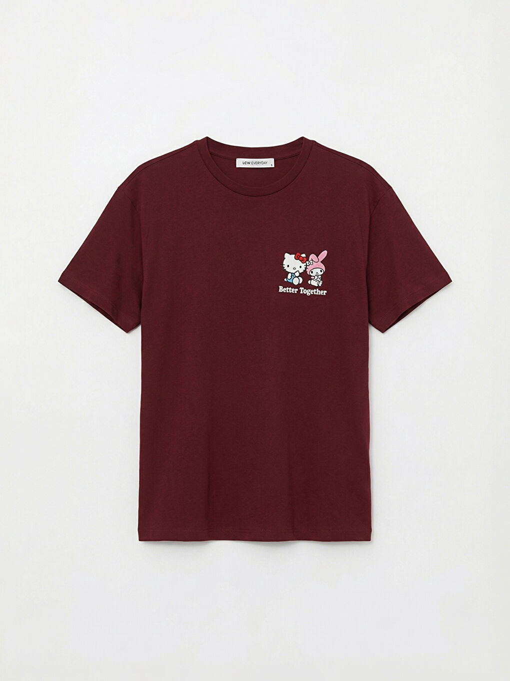 Bordo Bisiklet Yaka Hello Kitty Baskılı Kadın Tişört-1