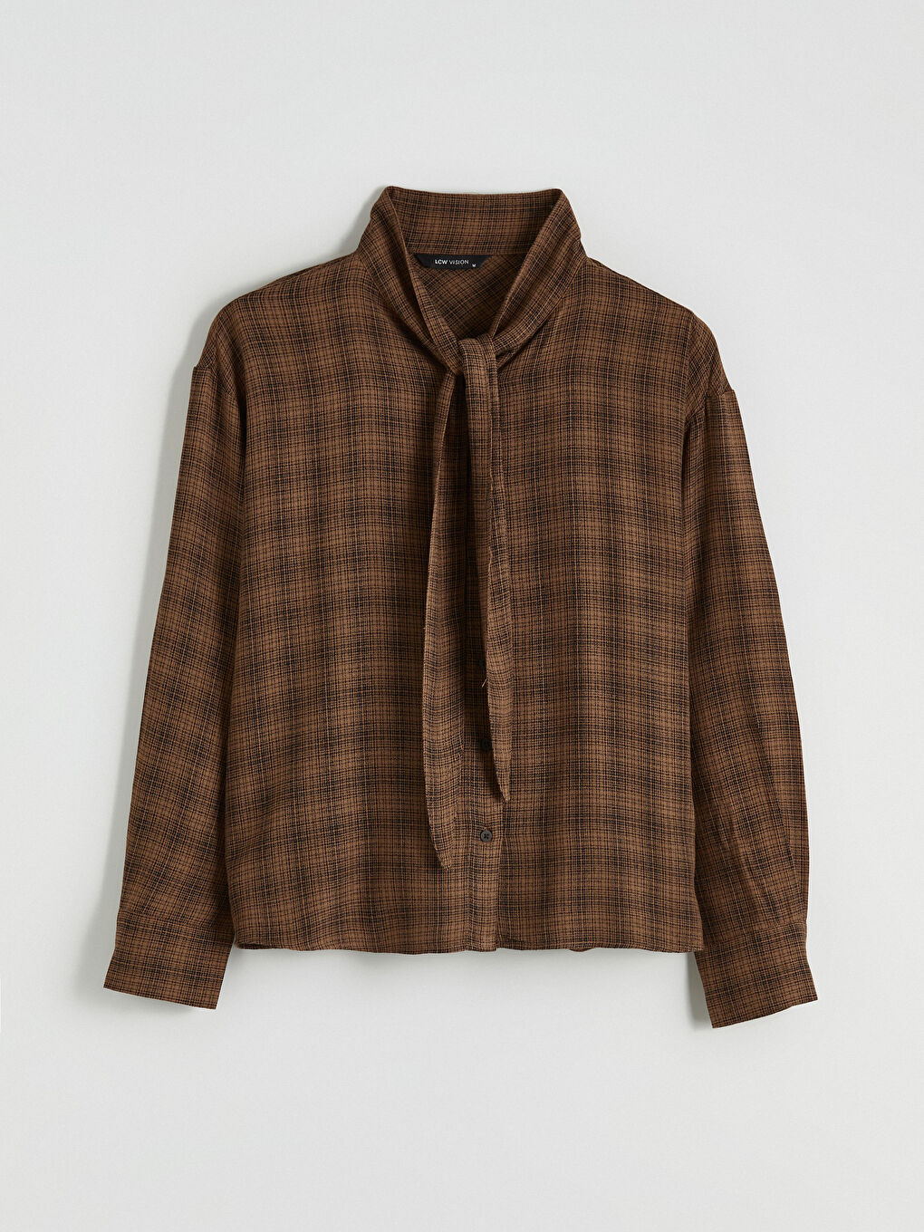 Kahverengi Fular Yaka Ekose Kadın Gömlek-4