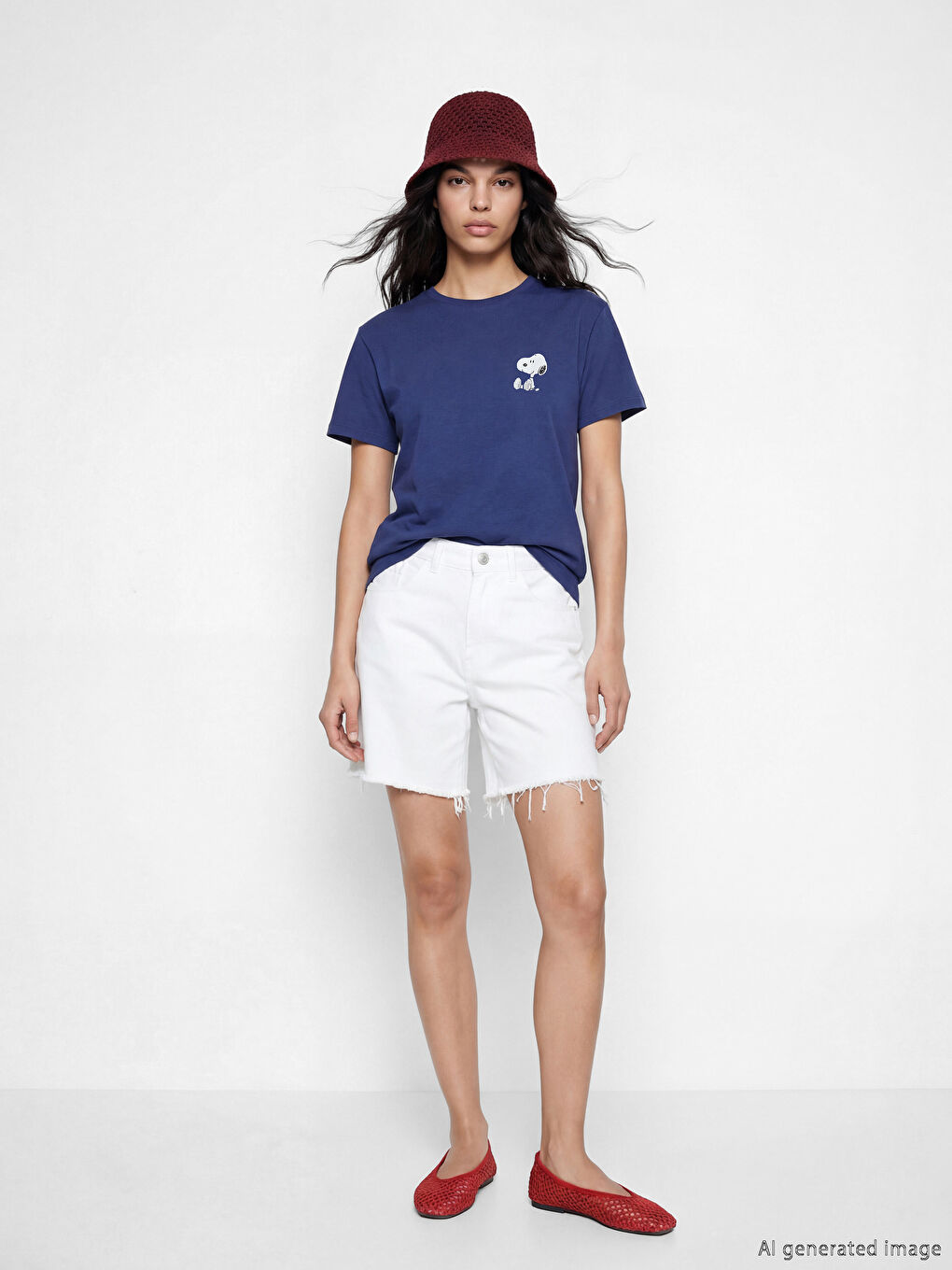 Lacivert Bisiklet Yaka Snoopy Baskılı Kadın Tişört-1