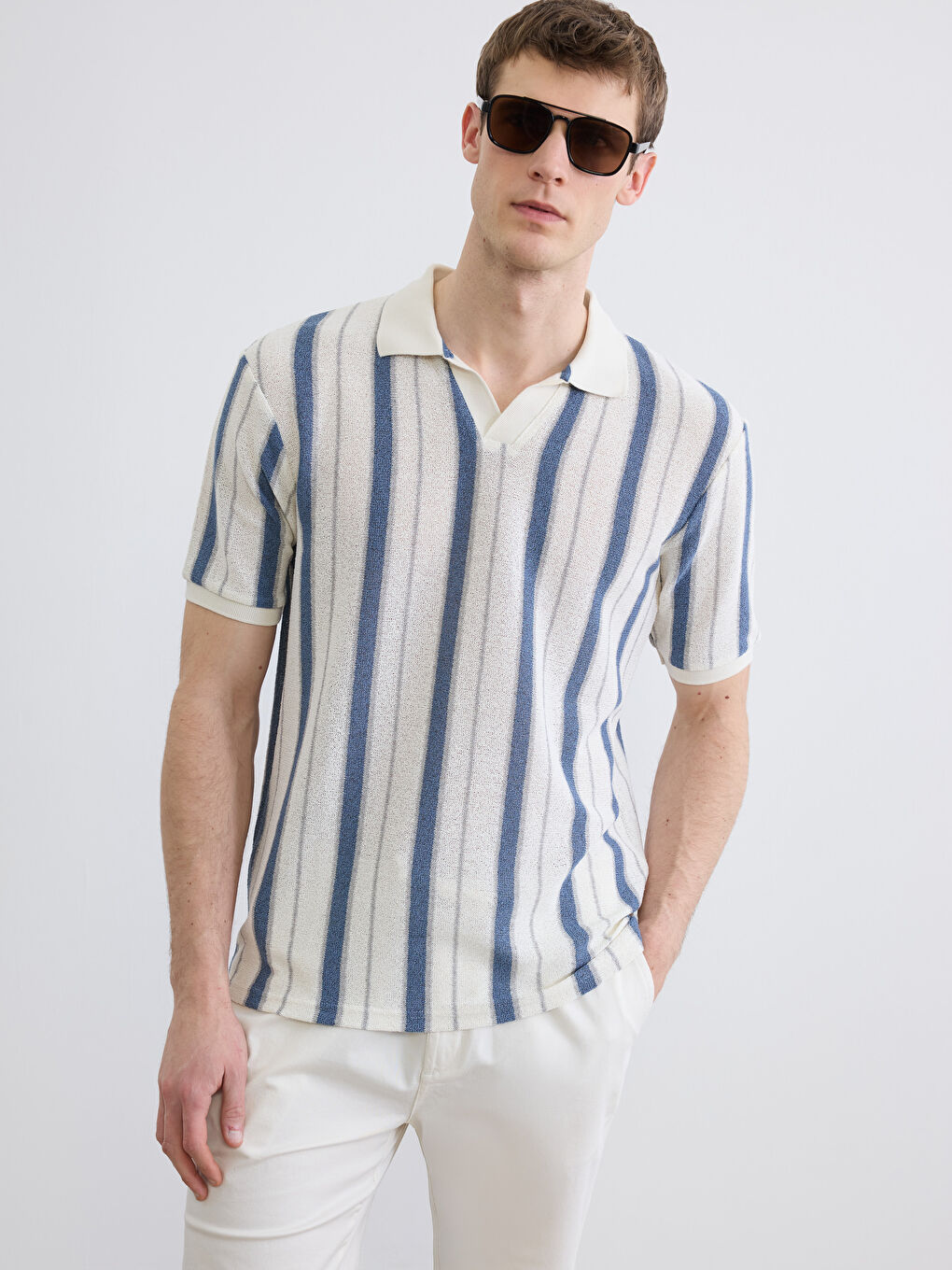 İndigo Polo Yaka Çizgili Havlu Kumaş Erkek Tişört-1