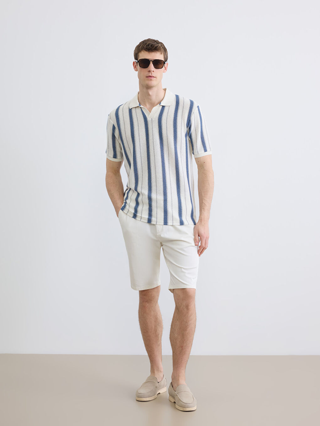 İndigo Polo Yaka Çizgili Havlu Kumaş Erkek Tişört-2