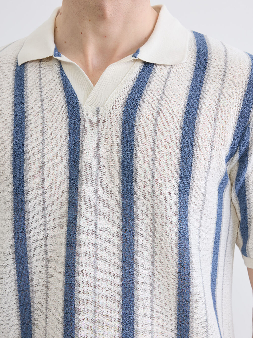 İndigo Polo Yaka Çizgili Havlu Kumaş Erkek Tişört-3
