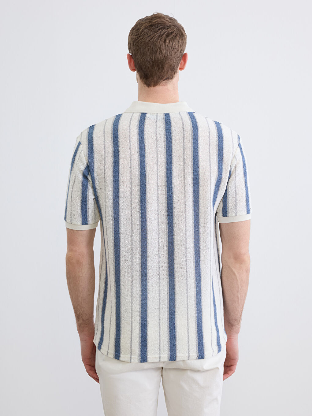 İndigo Polo Yaka Çizgili Havlu Kumaş Erkek Tişört-4