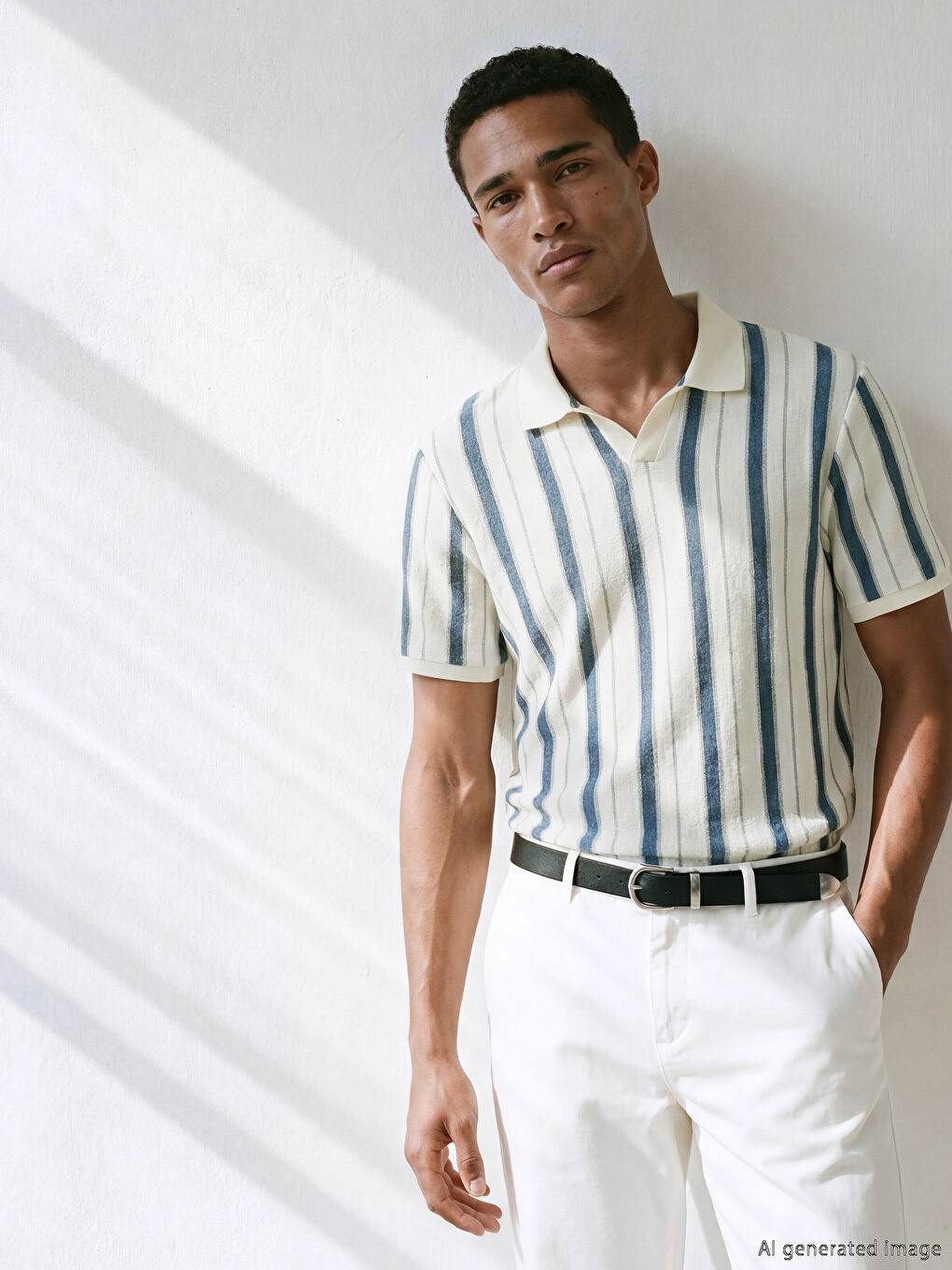 İndigo Polo Yaka Çizgili Havlu Kumaş Erkek Tişört