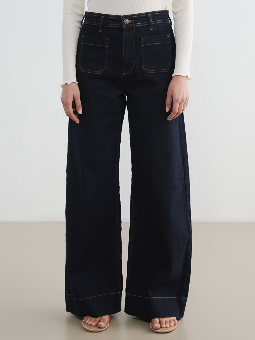 İndigo Yüksek Bel Wideleg Kadın Jean Pantolon-1