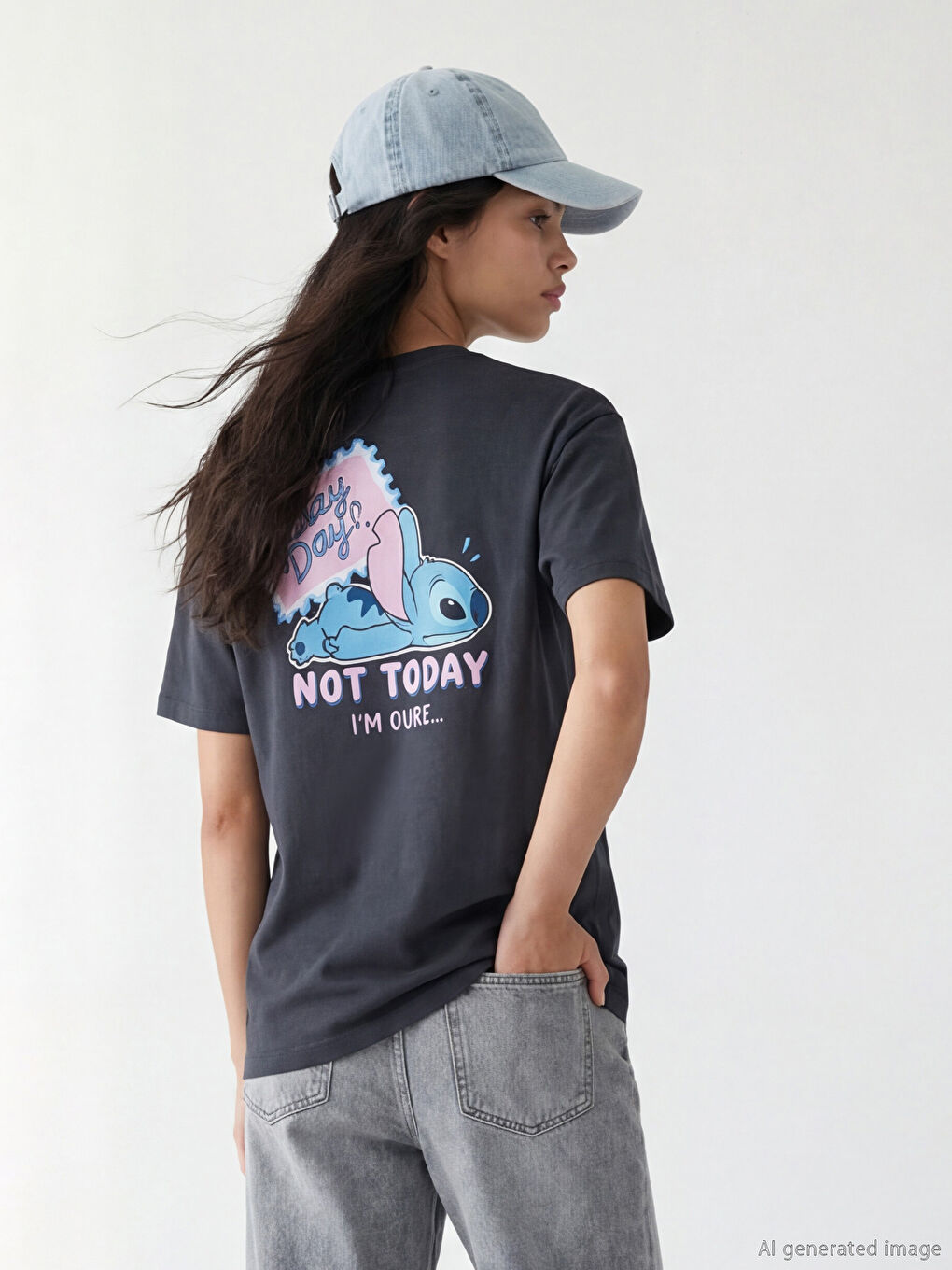 Antrasit Bisiklet Yaka Stitch Baskılı Kadın Tişört