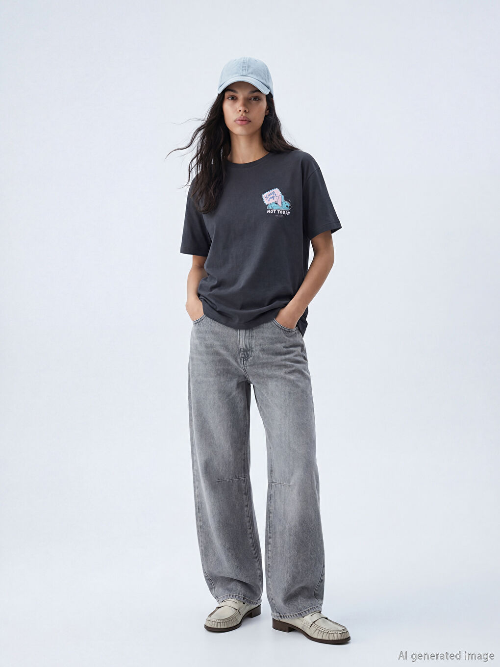 Antrasit Bisiklet Yaka Stitch Baskılı Kadın Tişört-1