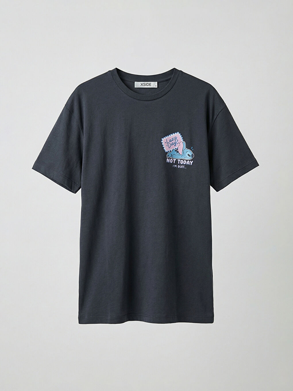 Antrasit Bisiklet Yaka Stitch Baskılı Kadın Tişört