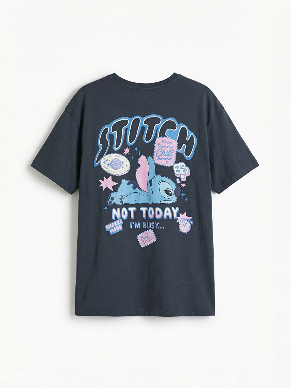 Antrasit Bisiklet Yaka Stitch Baskılı Kadın Tişört-1