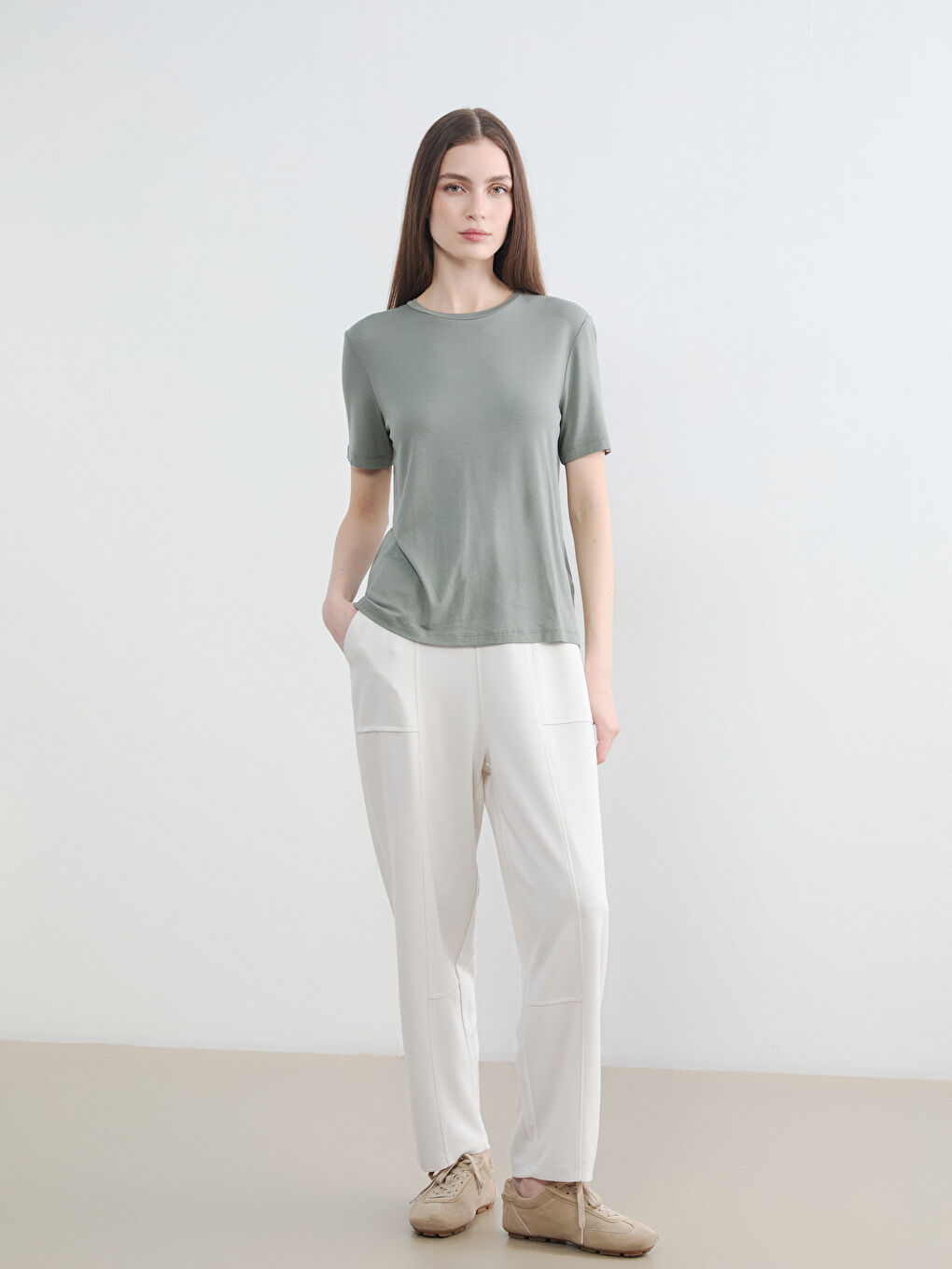 Bej Beli Lastikli Soft Touch Kadın Eşofman Altı