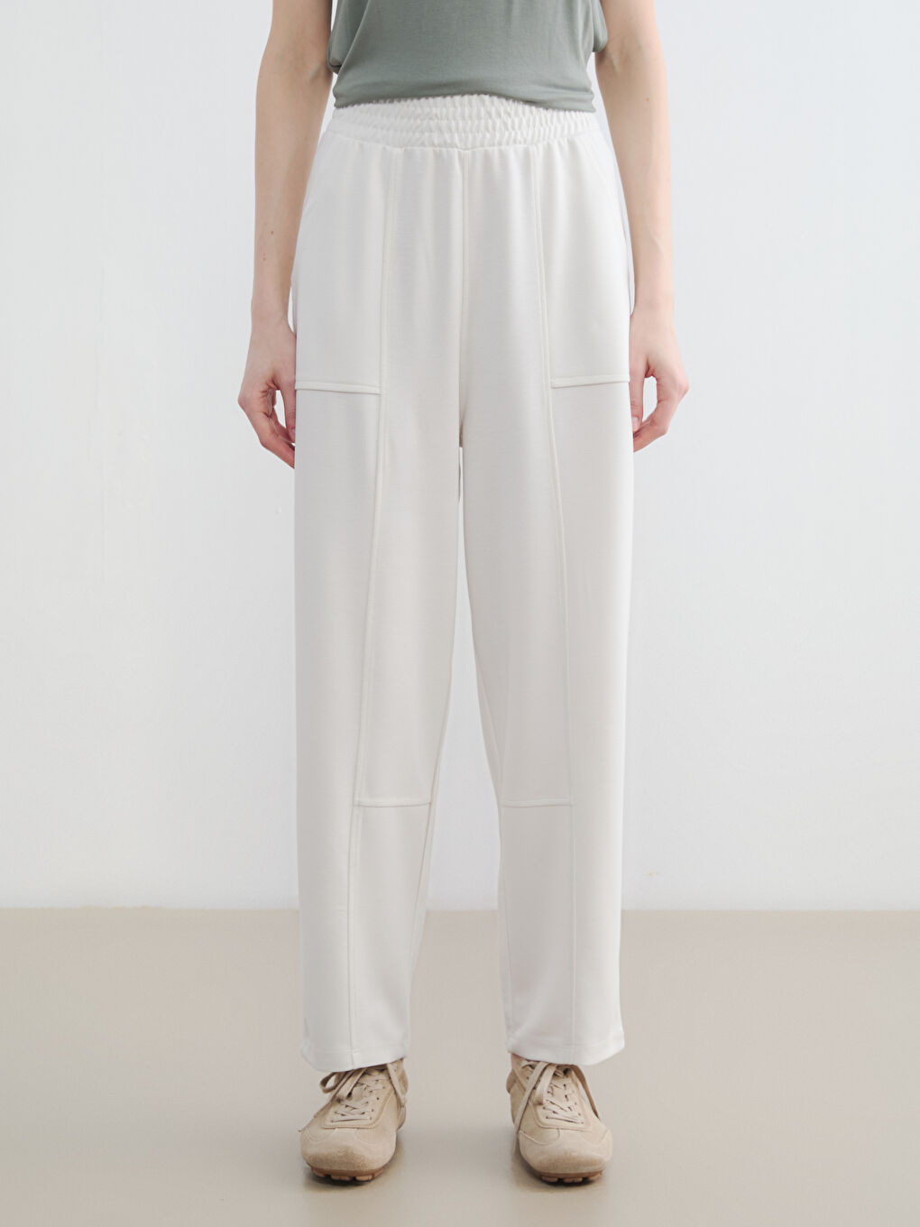 Bej Beli Lastikli Soft Touch Kadın Eşofman Altı-1