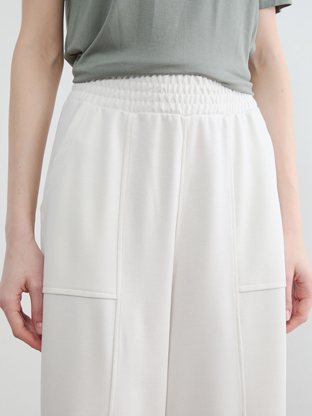 Bej Beli Lastikli Soft Touch Kadın Eşofman Altı-2